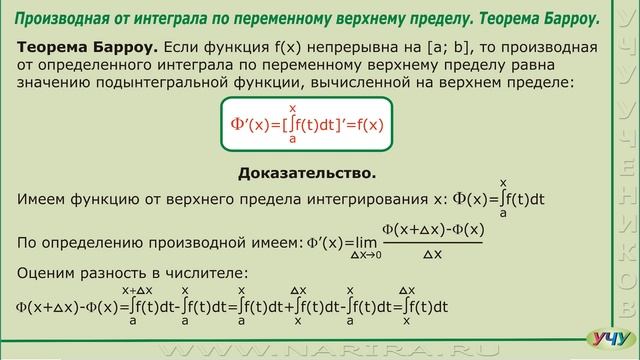 Производная от интеграла по переменному верхнему пределу. (Интегралы - урок 8)