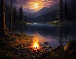 Костер на берегу ночного озера со звуками природы, Засыпай / Отдыхай / Расслабляйся  ? (HD)