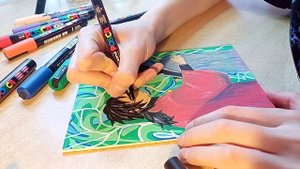Рисую на холсте 15 на 20 Томиока Гию и Шинобу акриловыми маркерами Posca/Клинок рассекающий демонов