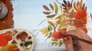 Как нарисовать рябиновую ветку. Рисуем рябиновую гроздь гуашью. Рисуем осень легко. Осенний пейзаж.