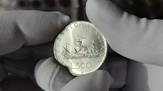 ?? Серебряная монета Итальянской Республики – 500 лир 1967 года с кораблями Колумба