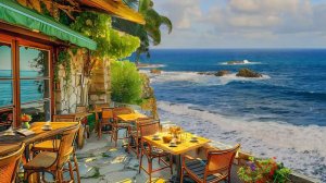 Seaside Coffee Shop Ambience - Relaxing Bossa Nova Jazz Music & Crashing Ocean Waves for Good Moods