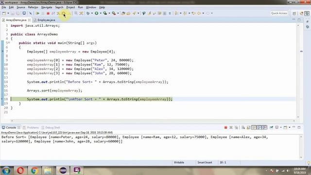 How to sort the Employee Array content into Asc and Desc order? | sort(Object[] a) method of Arrays