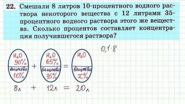 Задача 22 10 8. Смешали 8 литров 25 процентного водного раствора с 12 литрами 20.