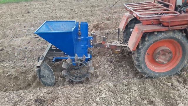 Посадка картошки. Трёхколёсный мотоблок МТЗ с картофелесажалкой. смотреть онлайн