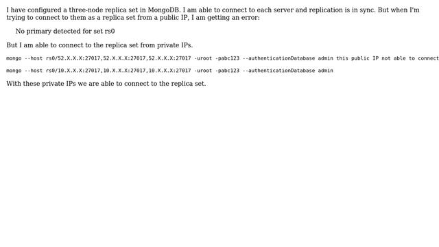 Databases: Unable to connect to MongoDB replica set using public IPs смотреть онлайн