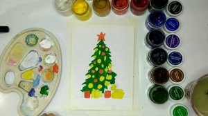 Новый год! Как нарисовать новогоднюю елку красками для детей