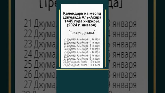 Календарь на месяц Джумада Аль-Ахира1445 года хиджры.(2024 г. января). [Третья декада]