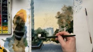 Городской пейзаж акварелью