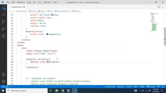 Data List tag in HTML  | Autocomplete input field in javascript | HTML for beginners in Telugu