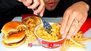 ASMR MCDONALDS MAC N CHEESE CHICK FIL A CHEESEBURGER FRIES STIRRING EATING SOUNDS BIG BITES JERRY
