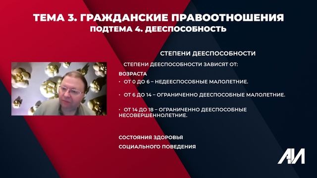 [Лекция 10] ГРАЖДАНСКОЕ ПРАВО. Общая часть. Тема 3: Гражданские правоотношения. Дееспособность