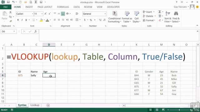 Microsoft Excel 2013  Advanced. Online Excel Training Course : 0401 VLOOKUP: Syntax And Usage