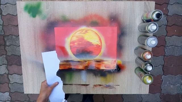 ? Как нарисовать ПАЛЬМЫ И ЗАКАТ баллончиками с краской? Яркая и огненная картина. SPRAY PAINT ART.