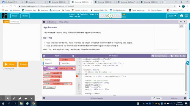 Code.org Lesson 19 Collision Detection