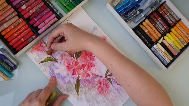 Рисуем масляной пастелью. Скетч цветущей веточки персика. смотреть онлайн