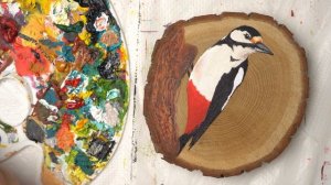 Realistic Woodpecker Bird  on Piece of Wood - Acrylic painting / Homemade Illustration (4k)