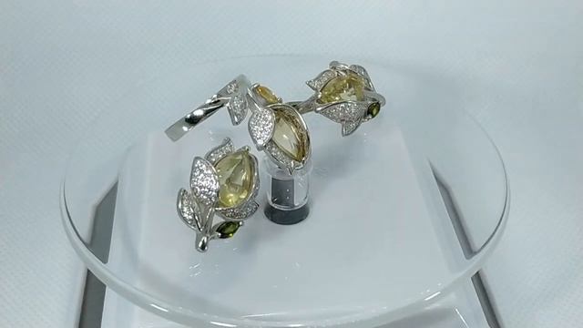 Серьги и кольцо с натуральным желто-лимонным кварцем и турмалином Серебро 925 смотреть онлайн