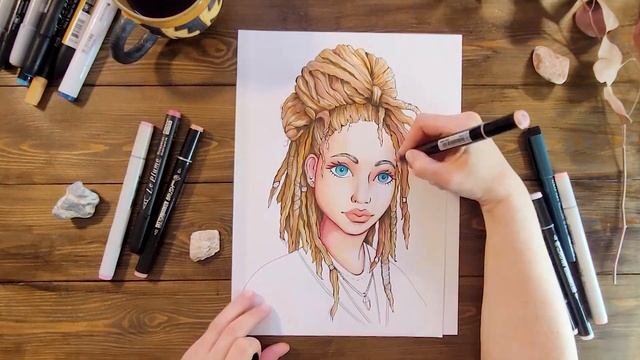 Рисую стилизованный портрет маркерами и цветными карандашами