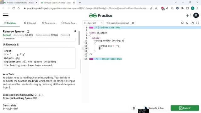 Remove Spaces || GFG Coding || 100% Test Cases Passed || gorakhcodes