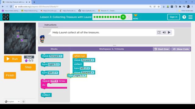 L3-11 |Code.org | Express-2021 | Lesson 3: Collecting Treasure with Laurel | level 11 смотреть онлайн