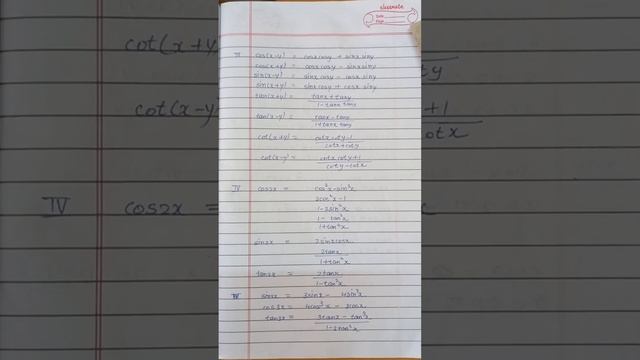 Trigonometry formula for class 10th to 12th