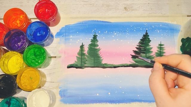 Урок рисования - как нарисовать зимний рисунок гуашью. Простой пейзаж красками. Рисуем вместе смотреть онлайн