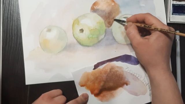 Этюд с яблоками , акварель смотреть онлайн