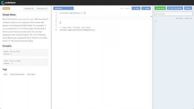 Coderbyte - Simple Mode - Code challenge - JavaScript Solution Source Code