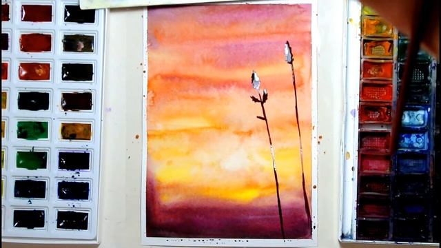 Простой рисунок акварелью. Рисую закат.Акварель для начинающих. смотреть онлайн