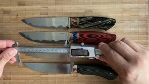 Ножи мастерской Бирюкова-смотрим, сравниваем разные стали, режем, измеряем