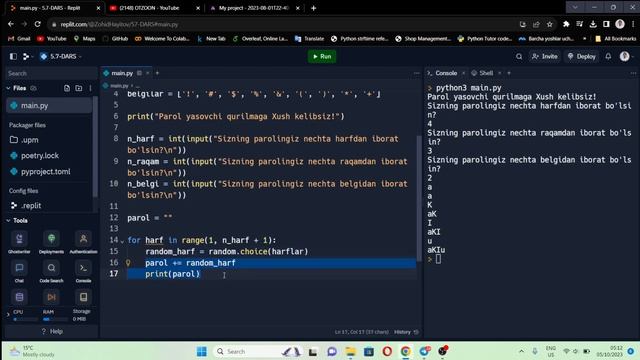 5.6 - DARS. Parol yasaydigan dastur yasash. Proyekt #python #project #pythonprogramming #python3