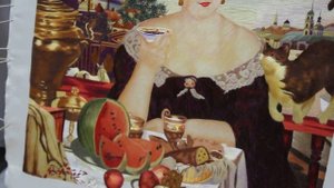 Вышитая картина Купчиха за чаем ручной работы |в магазине шелковых картин, аксессуаров  Живой Шелк