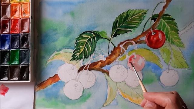 КАК НАРИСОВАТЬ ВИШНЮ АКВАРЕЛЬЮ. РИСУЕМ ВИШНЮ. ПОЭТАПНОЕ РИСОВАНИЕ.ПОДРОБНЫЙ ВИДЕОУРОК ПО АКВАРЕЛИ