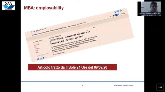 Presentazione del Master universitario di I livello in Business Administration (MBA) anno 2022/2023