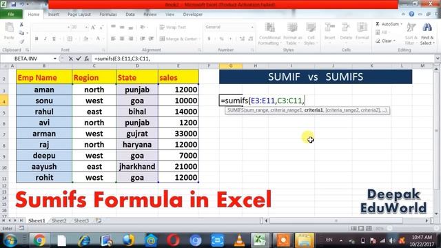 SUMIFS Formula in Excel in Hindi || SUMIF and SUMIFS Excel Functions | Deepak EduWorld