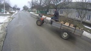 Мотоблок Zubr буксует груженный по снегу и грязи (6,5 лс)