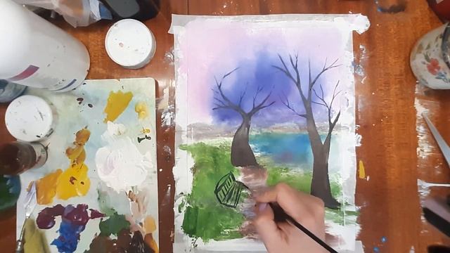 Как нарисовать яблони в цвету. Как нарисовать дерево в цветах. Рисуем весну. Рисуем пейзаж. смотреть онлайн