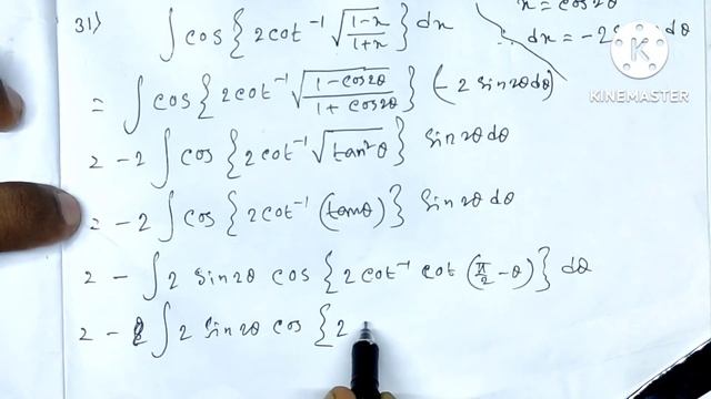 integrate cos[2cot^-1√{(1-x) /(1+x) }]dx смотреть онлайн