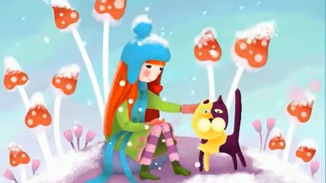 Девочка и кот в грибном лесу 🍄❄️ Музыкальная открытка про зиму смотреть онлайн