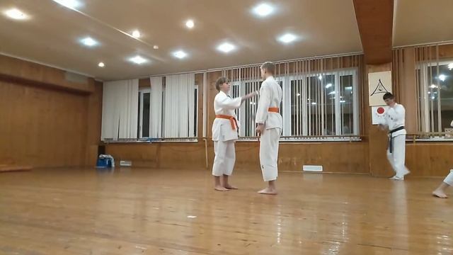 Санбон-кумитэ с мае-гэри во втором элементе