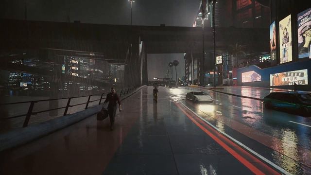 Cyberpunk 2077 - Relaxing Walking Tour - Longshore Street South - Night City - 4k