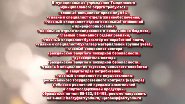 ТРЕБУЮТСЯ НА РАБОТУ В УЧРЕЖДЕНИЯ ТЫНДИНСКОГО МУНИЦИПАЛЬНОГО ОКРУГА
