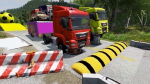 Double Flatbed Trailer Truck vs speed bumps Busses vs speed bumps Beamng JIYAN Games #025
