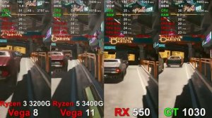 Cyberpunk 2077 - Ryzen 3 3200G Vega 8 vs Ryzen 5 3400G Vega 11 vs RX 550 vs GT 1030