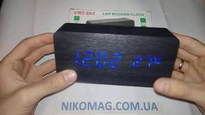 Часы-будильник VST-862 в стиле деревянного бруска черный корпус синие цифры