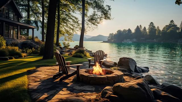 Morning Lakeside Ambience With Nature Sounds And Relaxing Campfire To Relax, Study & Stress Relief