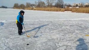 Никита с папой играют в хоккей на озере возле дома. Кто выиграл?