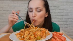 МУКБАНГ| ПАСТА🍝 С КРЕВЕТКАМИ🍤 В СЛАДКОМ ЧИЛИ СОУСЕ| MUKBANG| ASMR