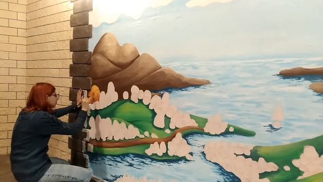 Роспись стены акрилом. Пейзаж на стене бара смотреть онлайн